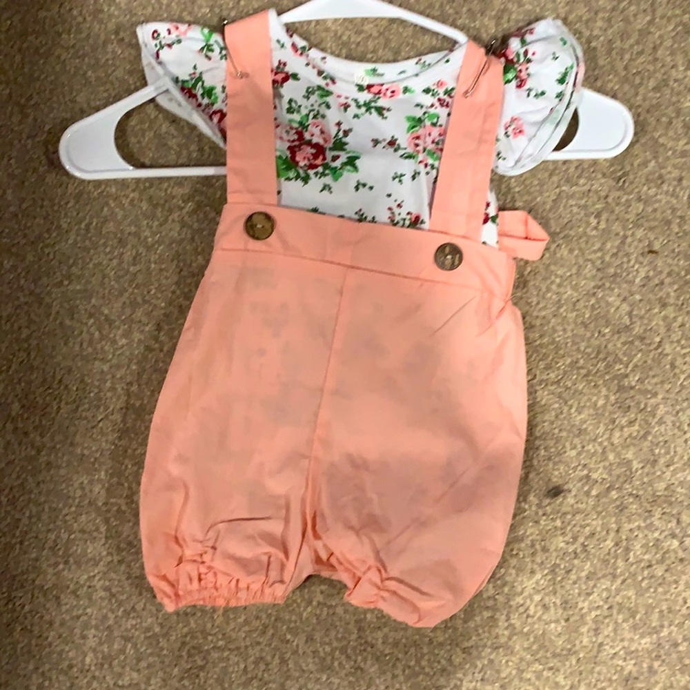 12 to 18 months floral onesie with pink short overalls, boutique clothing